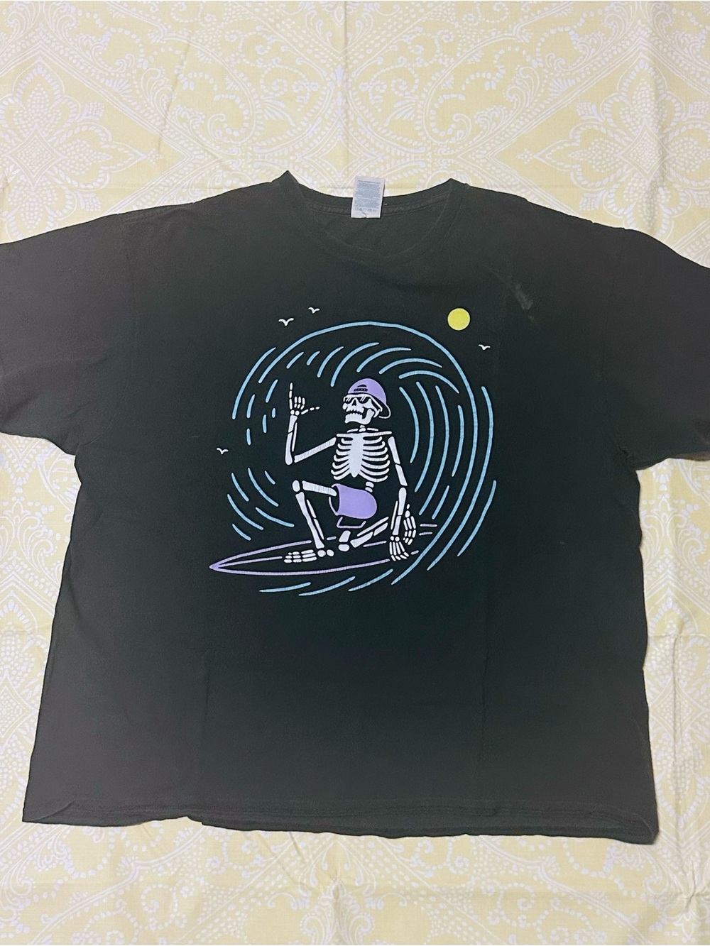 Skeleton Surfer Graphic Tee in Black with Pastel Accents